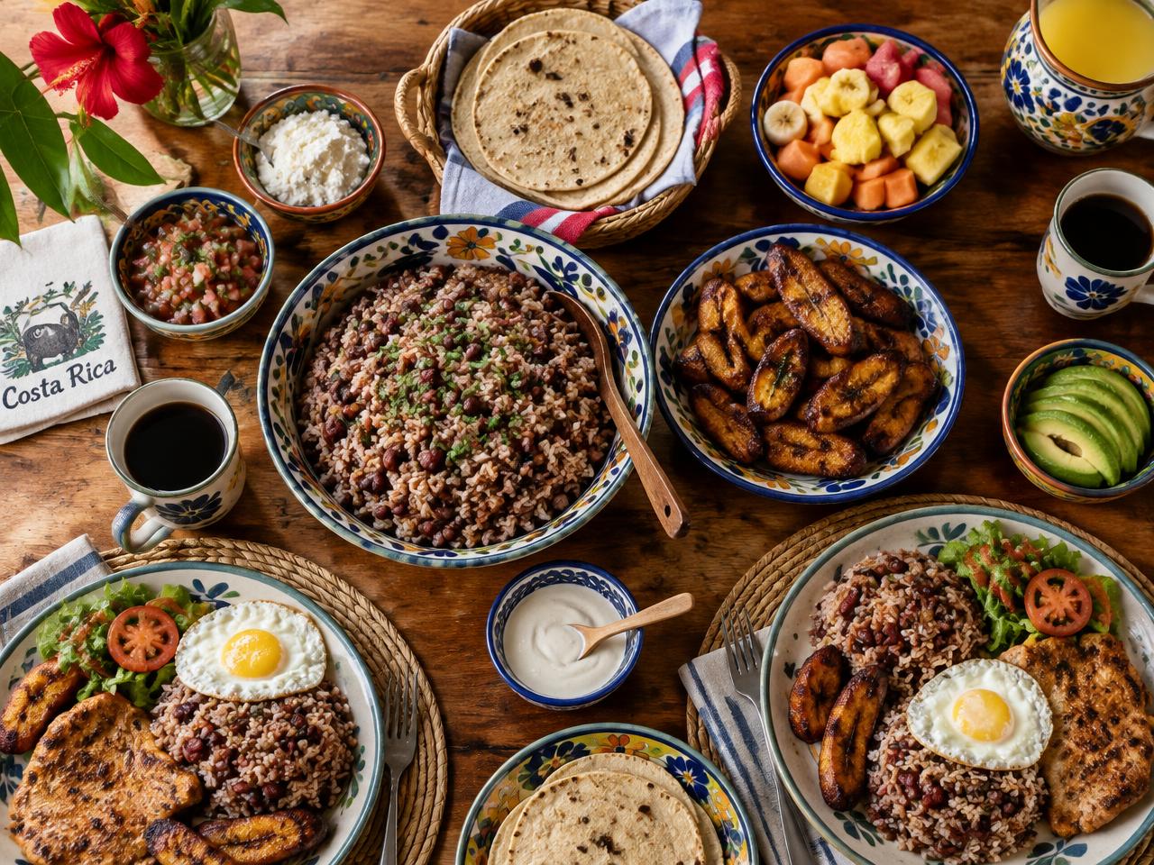 Mesa familiar con gallo pinto, plátano maduro y tortillas